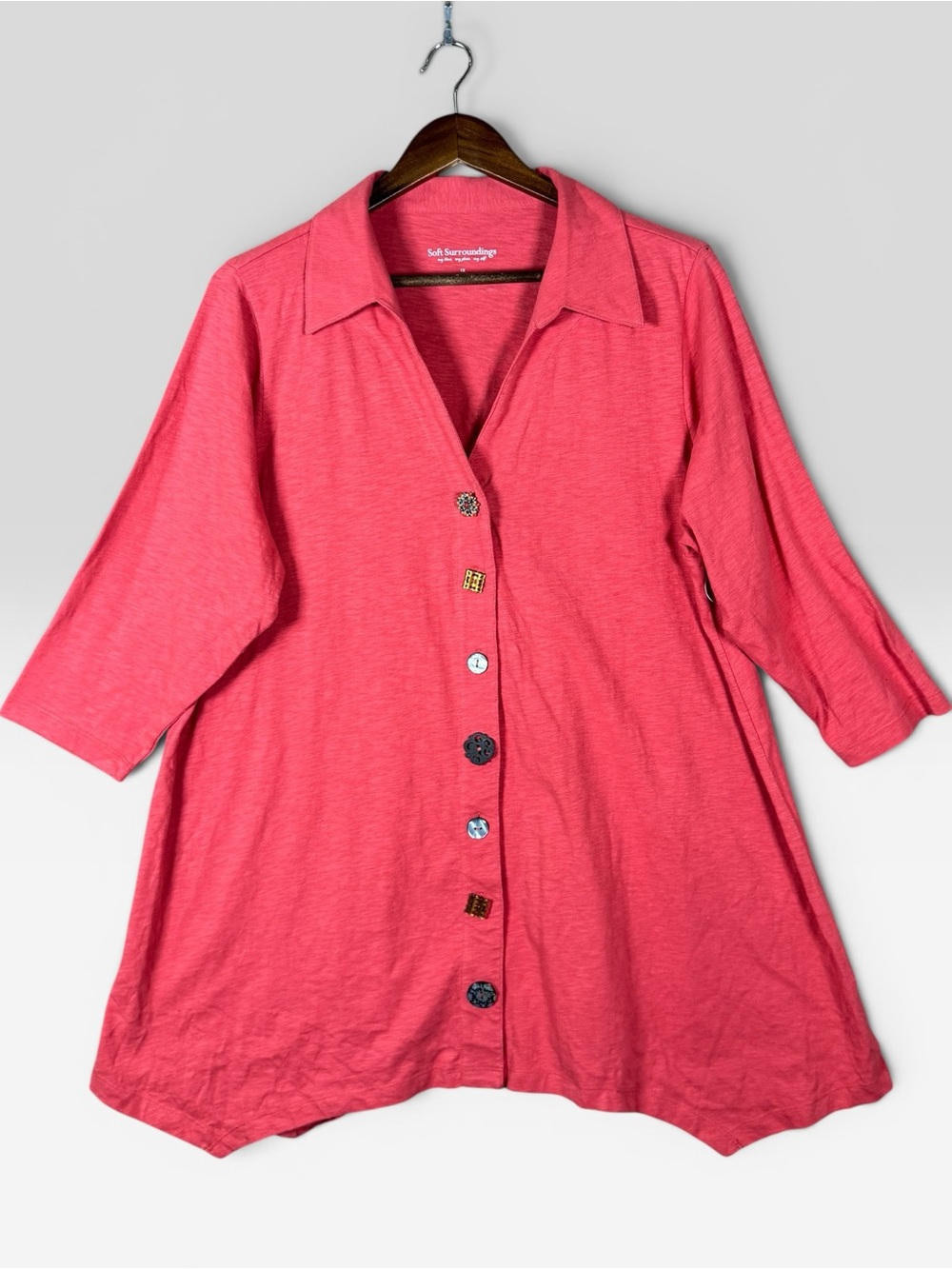 Soft Surroundings Tunic Women 1X Coral Cotton Artsy Button Up Shirt Lagenlook